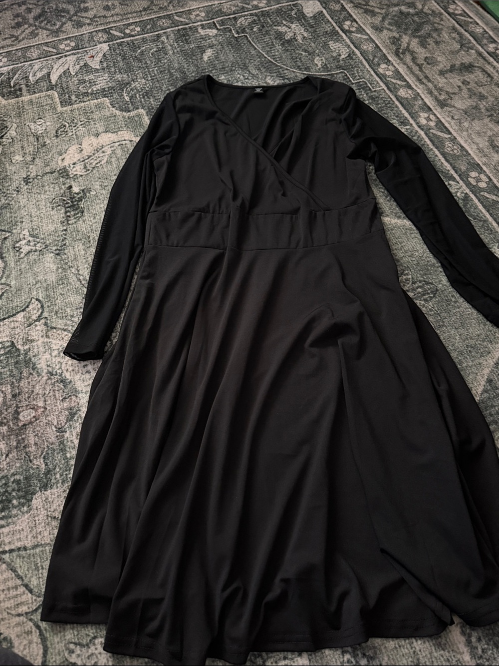 SHEIN Black Long-Sleeve Faux-Wrap Fit & Flare Dress